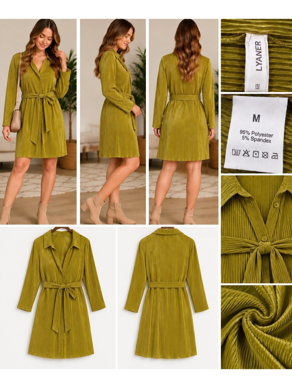 LYANER Women’s M Olive Pleated Shirt Dress Belted Long Sleeve NWOT
